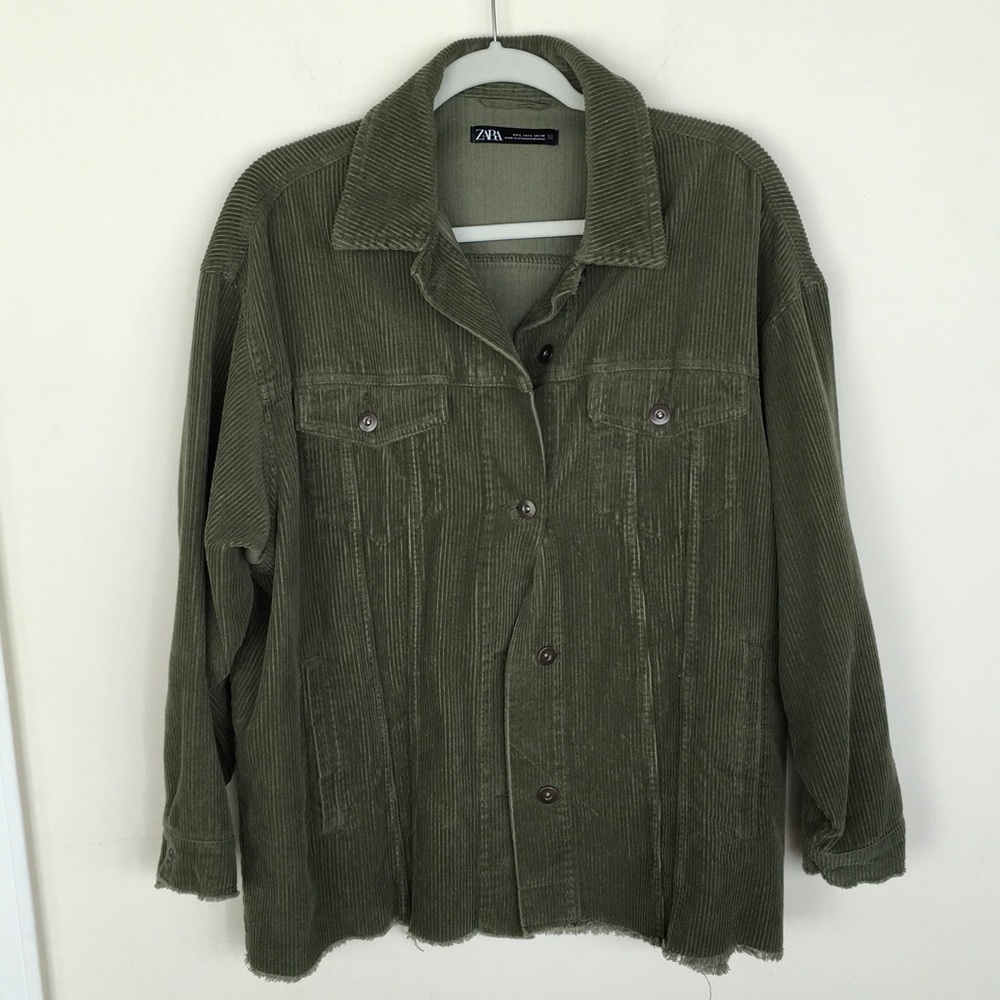 Zara Olive Corduroy Shacket with Button Front